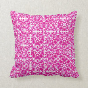 Medieval Damask pattern, magenta and white Throw Pillow