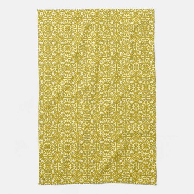 Medieval Damask pattern, mustard gold Kitchen Towel (Vertical)