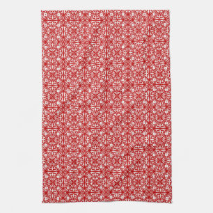 Medieval Damask pattern, red and white Kitchen Towel