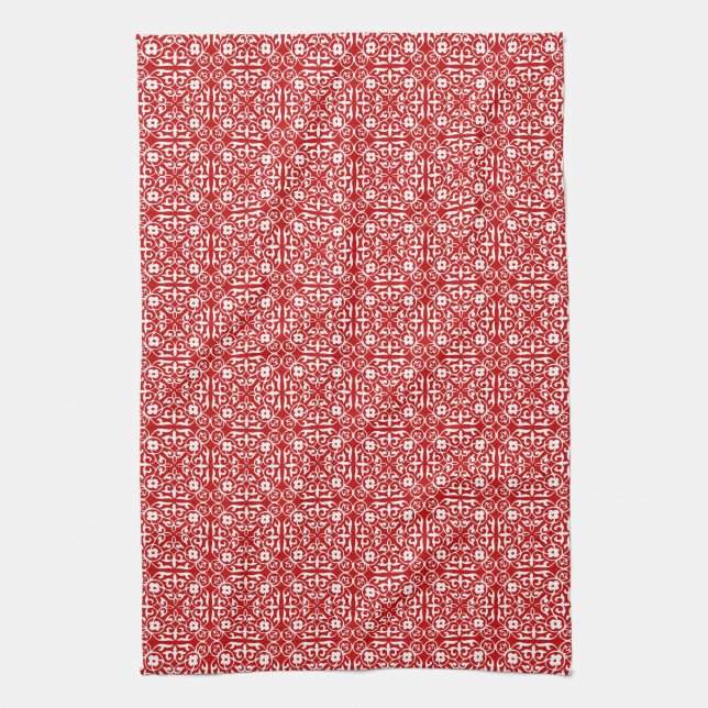 Medieval Damask pattern, red and white Kitchen Towel (Vertical)