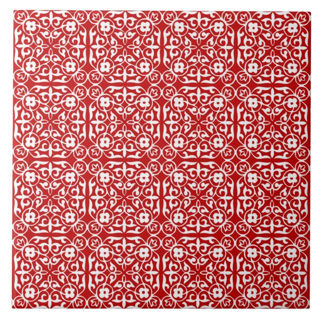Medieval Damask pattern, red and white Tile (Front)