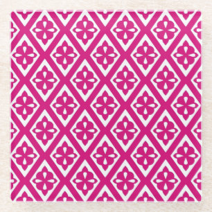 Medieval diamonds - fuchsia pink and white glass coaster