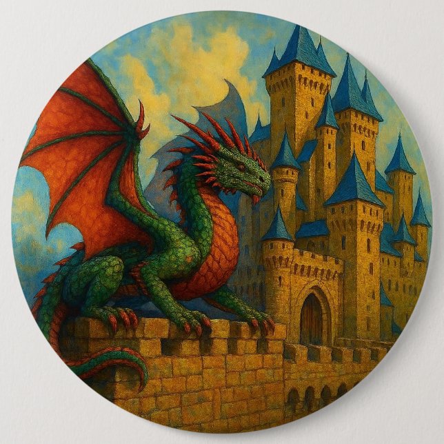 Medieval Dragon Castle Protector 6 Inch Round Button (Front)