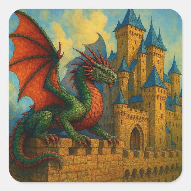Medieval Dragon Castle Protector Square Sticker (Front)