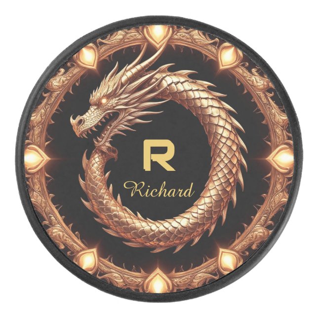 🐉 Medieval Dragon Crest Name Ring Frame Emblem 🐉 Hockey Puck (Front)