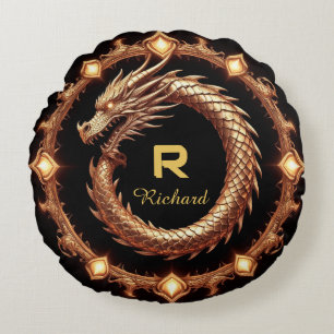 🐉 Medieval Dragon Crest Name Ring Frame Emblem 🐉 Round Pillow