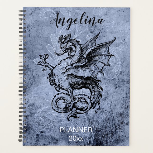 Medieval Dragon Distressed Blue Background Planner (Front)