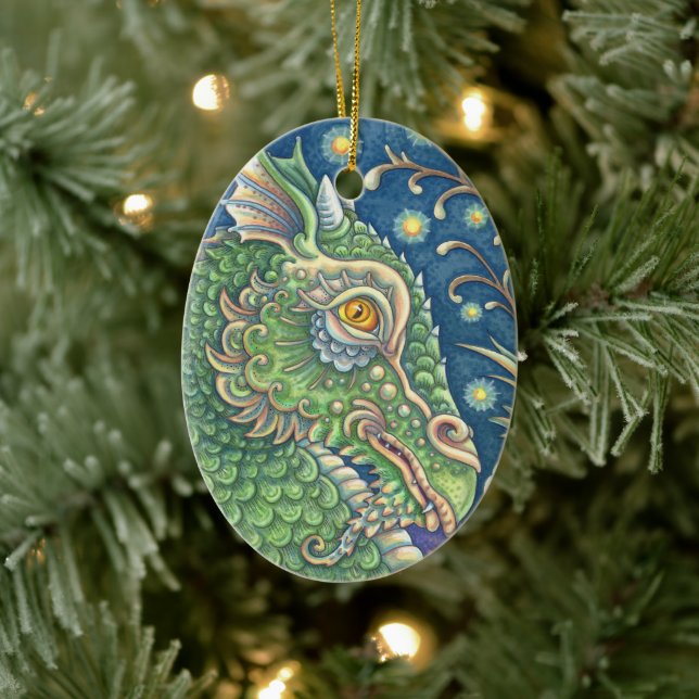 MEDIEVAL DRAGON HEAD PORTRAIT, WHIMSICAL FANTASY CERAMIC ORNAMENT (Tree)