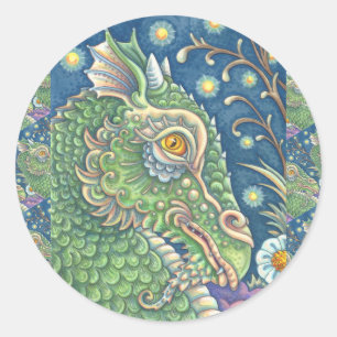 MEDIEVAL DRAGON HEAD PORTRAIT, WHIMSICAL FANTASY CLASSIC ROUND STICKER