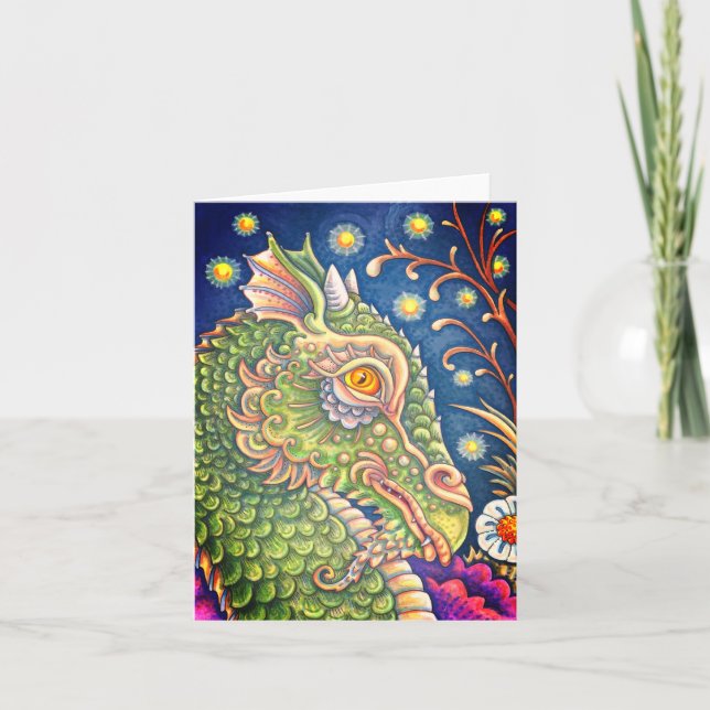 MEDIEVAL DRAGON HEAD PORTRAIT, WHIMSICAL FANTASY NOTE CARD (Front)