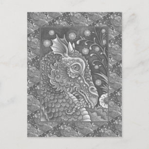 MEDIEVAL DRAGON HEAD PORTRAIT, WHIMSICAL FANTASY POSTCARD