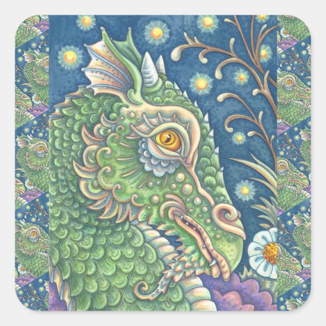 MEDIEVAL DRAGON HEAD PORTRAIT, WHIMSICAL FANTASY SQUARE STICKER (Front)