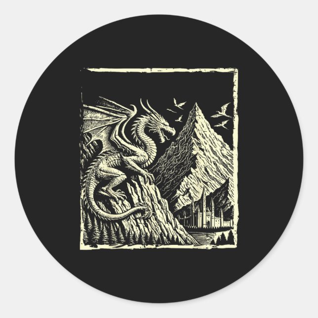 Medieval Dragon Mountain Castle Mythical Men Women Classic Round Sticker (Front)