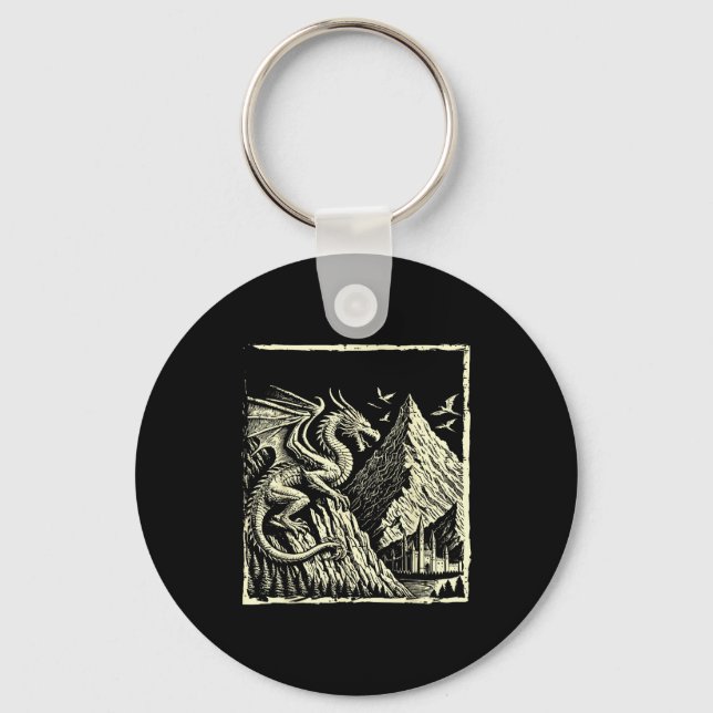 Medieval Dragon Mountain Castle Mythical Men Women Keychain (Front)