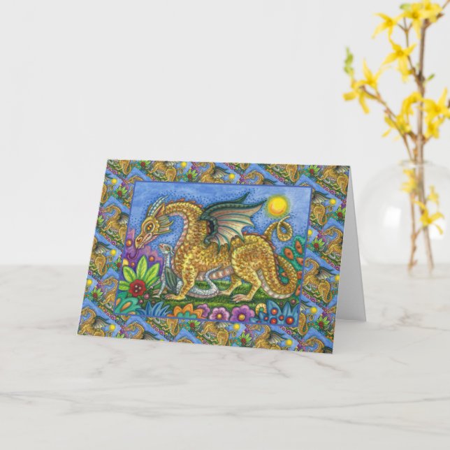 MEDIEVAL DRAGON & YOUNG, COLORFUL FOLK ART GARDEN CARD (Yellow Flower)