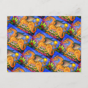 MEDIEVAL DRAGON & YOUNG, COLORFUL FOLK ART GARDEN POSTCARD