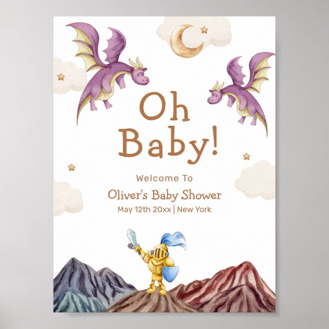 Medieval Fairytale Dragon Boy Baby Shower Welcome Poster (Front)