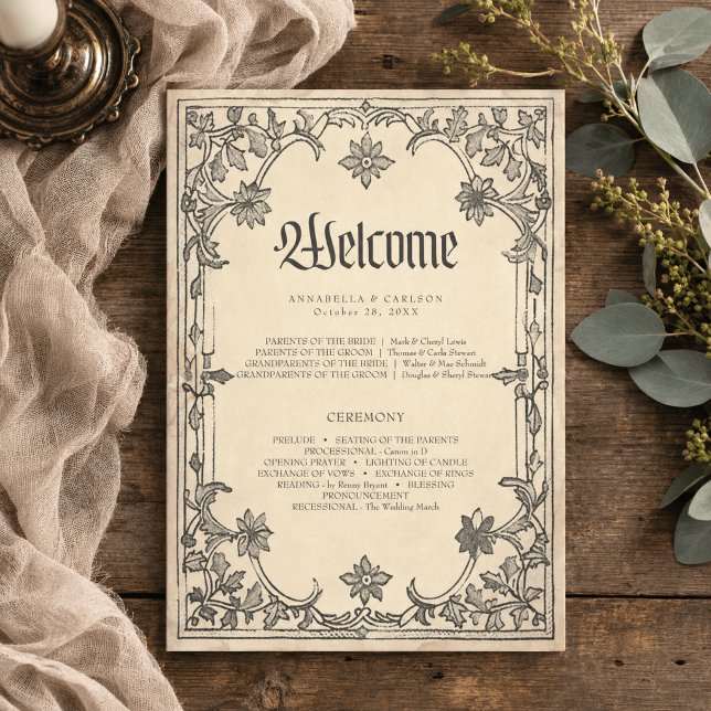 Medieval Fantasy Black Vintage Etching Wedding Program (Creator Uploaded)