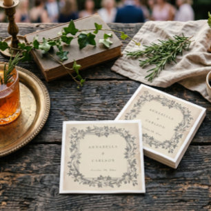 Medieval Fantasy Vintage Black Etching Wedding Napkin