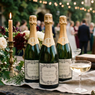 Medieval Fantasy Vintage Black Etching Wedding Sparkling Wine Label