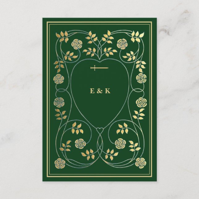 Medieval Floral Hearts and Sword Gold Detail RSVP Enclosure Card (Front)