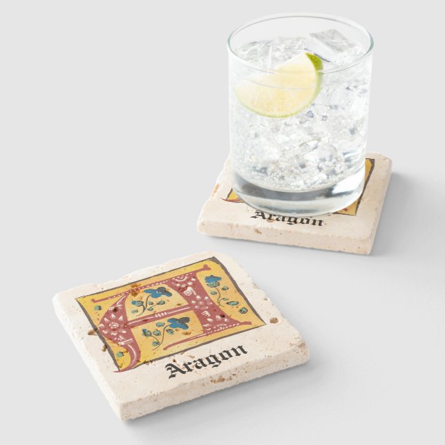 Medieval Floral Illuminated Letter A Monogram Stone Coaster (Side)
