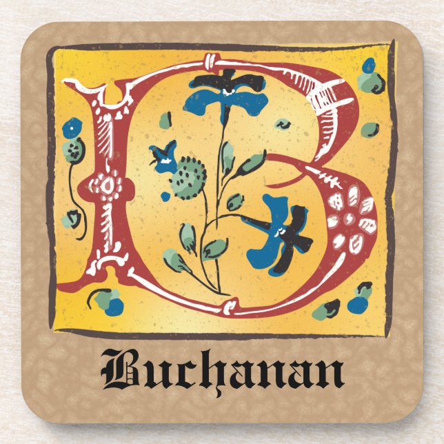 Medieval Floral Illuminated Letter B Monogram Coaster (Front)