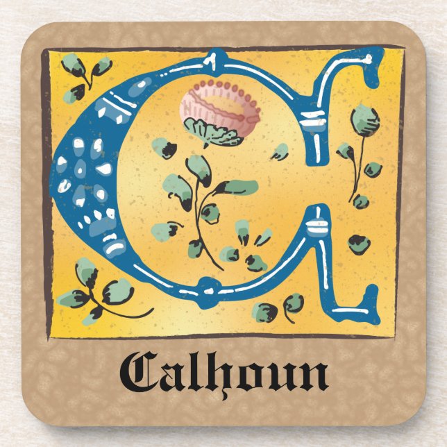 Medieval Floral Illuminated Letter C Monogram Coaster (Front)