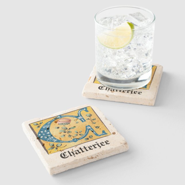 Medieval Floral Illuminated Letter C Monogram Stone Coaster (Side)
