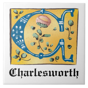 Medieval Floral Illuminated Letter C Monogram Tile