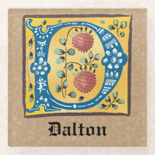Medieval Floral Illuminated Letter D Monogram Glass Coaster