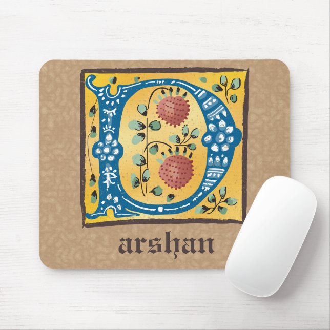 Medieval Floral Illuminated Letter D Monogram Mouse Pad (With Mouse)
