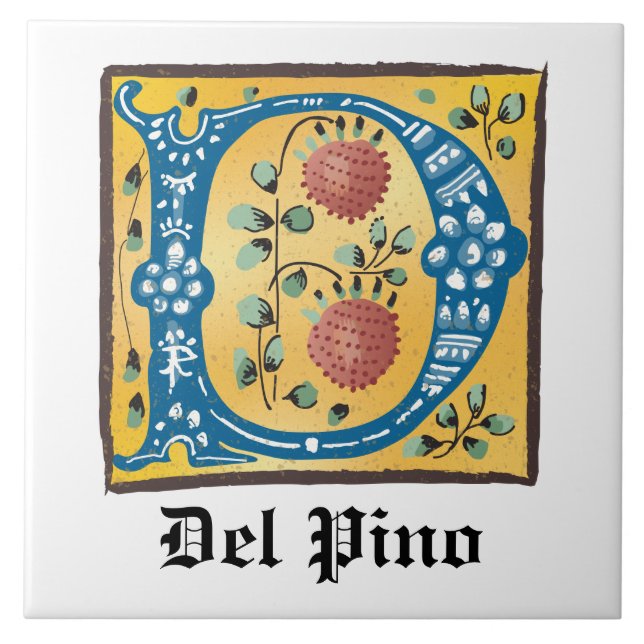 Medieval Floral Illuminated Letter D Monogram Tile (Front)