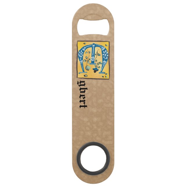 Medieval Floral Illuminated Letter E Monogram Bar Key (Front)