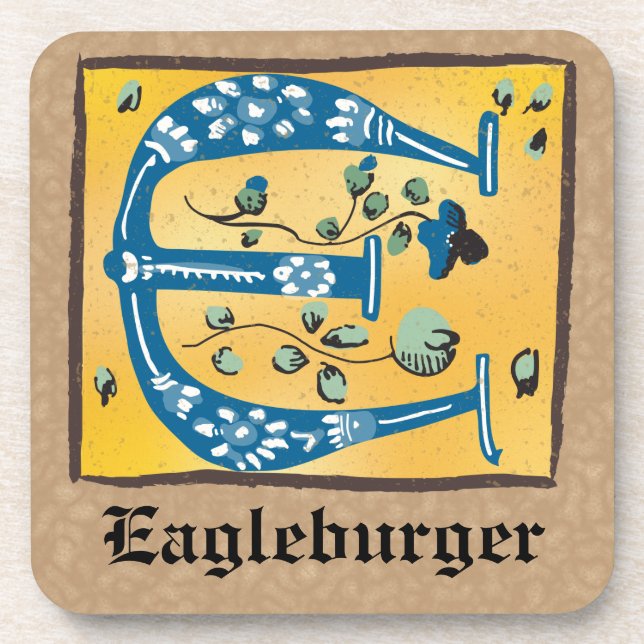 Medieval Floral Illuminated Letter E Monogram Coaster (Front)