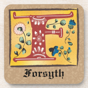 Medieval Floral Illuminated Letter F Monogram Coaster