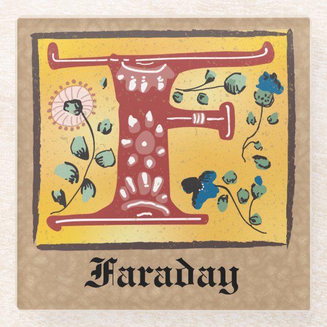 Medieval Floral Illuminated Letter F Monogram Glass Coaster (Front)