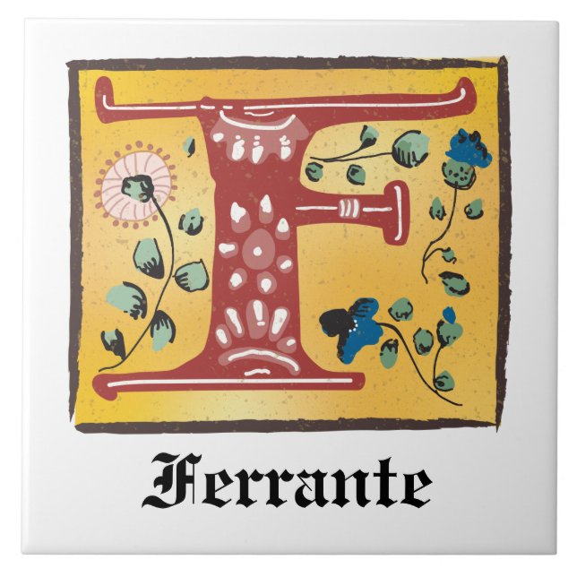 Medieval Floral Illuminated Letter F Monogram Tile (Front)