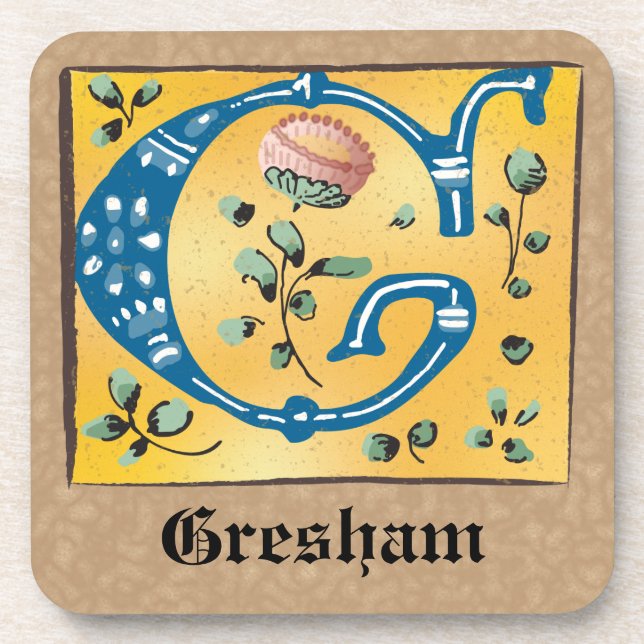 Medieval Floral Illuminated Letter G Monogram Coaster (Front)