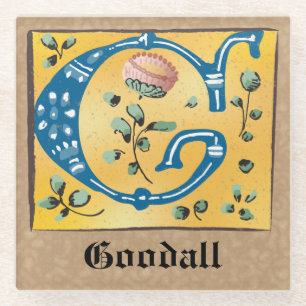 Medieval Floral Illuminated Letter G Monogram Glass Coaster