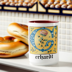 Medieval Floral Illuminated Letter G Monogram Mug