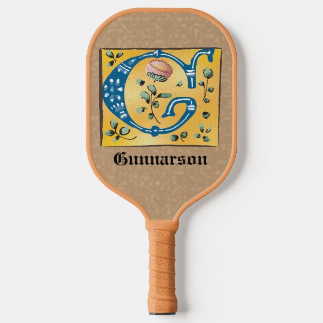 Medieval Floral Illuminated Letter G Monogram Pickleball Paddle (Front)