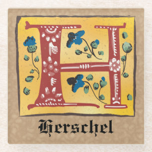 Medieval Floral Illuminated Letter H Monogram Glass Coaster
