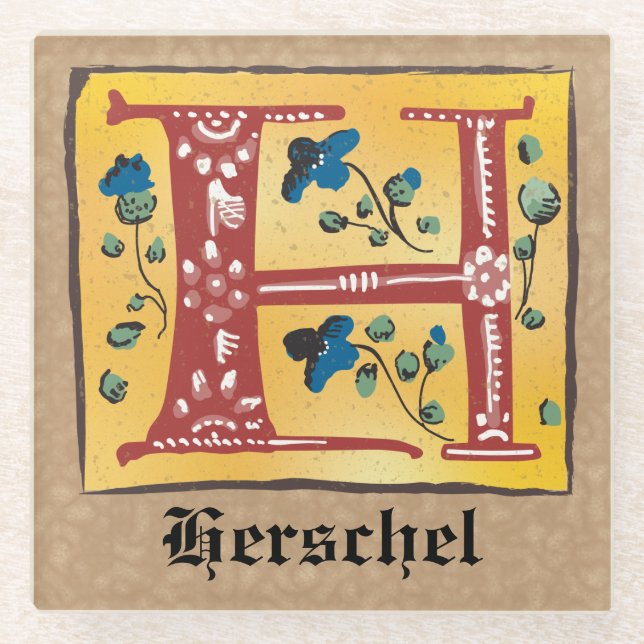 Medieval Floral Illuminated Letter H Monogram Glass Coaster (Front)