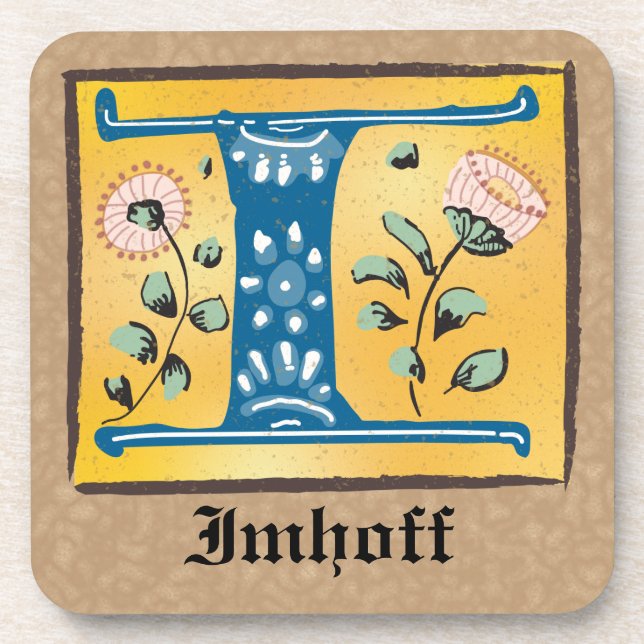 Medieval Floral Illuminated Letter I Monogram Coaster (Front)