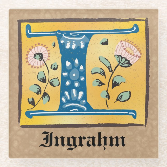 Medieval Floral Illuminated Letter I Monogram Glass Coaster (Front)