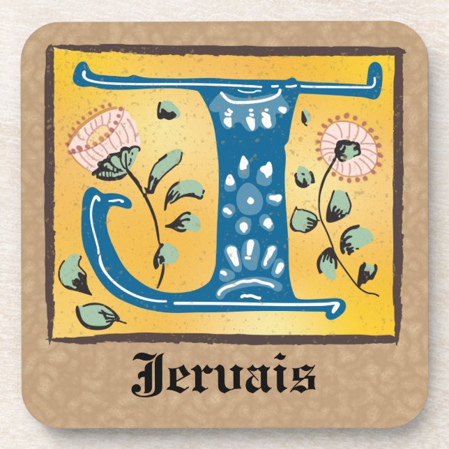 Medieval Floral Illuminated Letter J Monogram Coaster (Front)