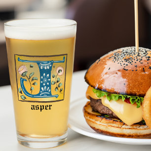 Medieval Floral Illuminated Letter J Monogram Glass