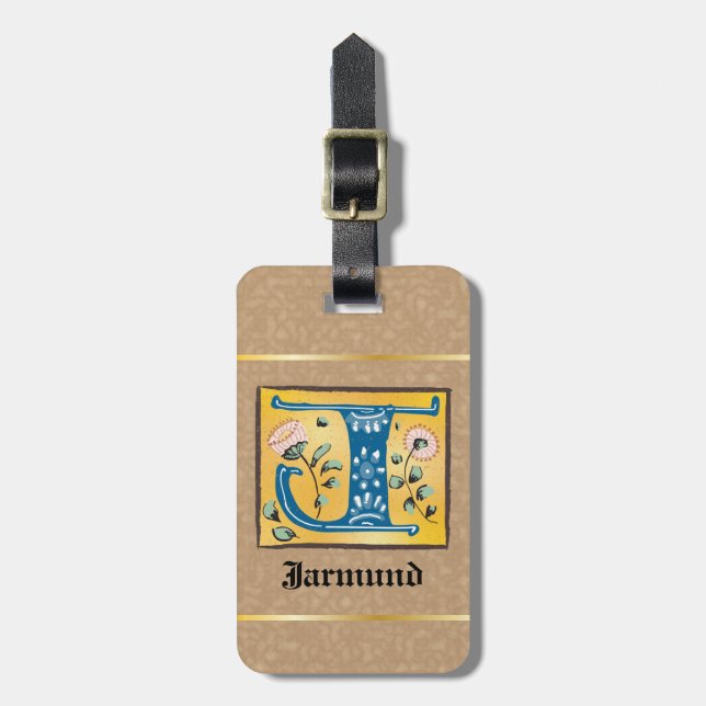 Medieval Floral Illuminated Letter J Monogram Luggage Tag (Front Vertical)