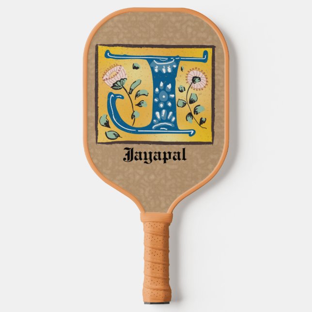 Medieval Floral Illuminated Letter J Monogram Pickleball Paddle (Front)